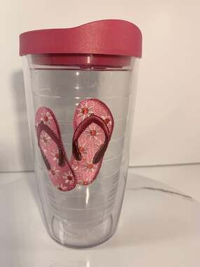Tervis Tumbler 16oz. Hot/Cold Pink Floral Flip Flops Embroidered Patch Clear